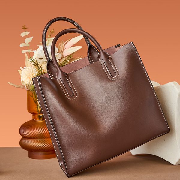 

totes women one shoulder shopping bag big high-capacity genuine leather material wholesale fashion bags mom handbag tote dark brown splicing