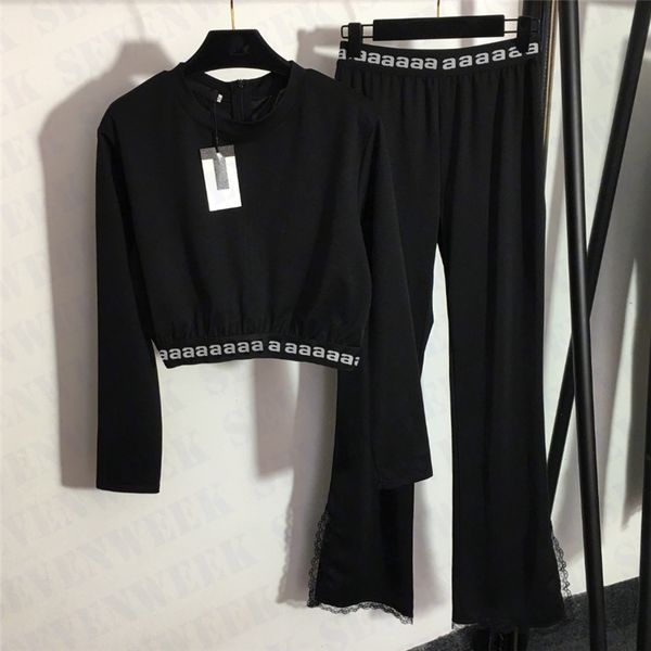 

designer womens pants two piece letters webbing lace split high waist trousers fashion short t shirts pullover, White