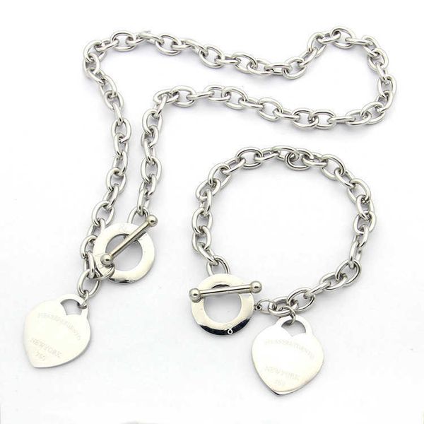 

stainless steel simple design necklaces classic style peach heart thick bracelets sets women designer jewelry wholesale, Silver