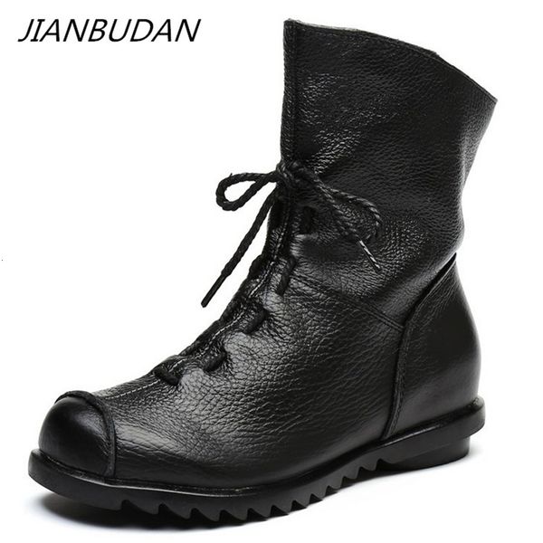 

boots jianbudan genuine leather plush women's short retro casual autumn winter women's waterproof leather warm snow boots 221118, Black