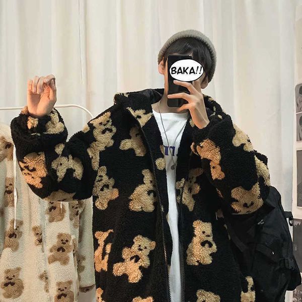 

men's hoodies sweatshirts men cartoon bear lamb wool hooded coat casual oversized zip up sweatshirt 2021 winter men hoodie jacket cute, Black