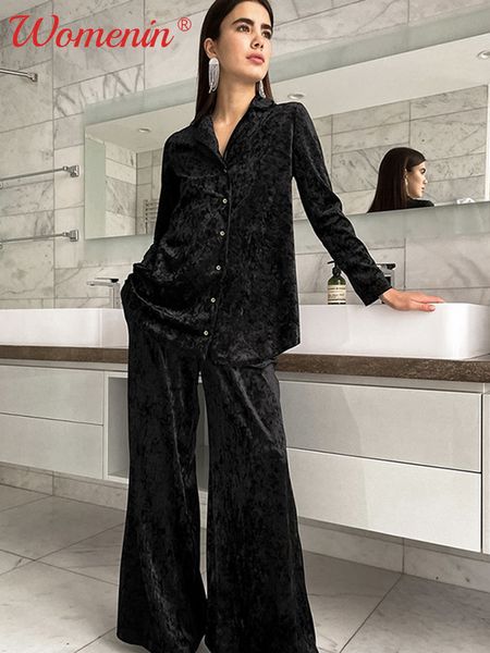 

women s two piece pants diamond velvet shirt women sets loose lapel button high waist wide leg pant suit causal lady homewear 221119, White