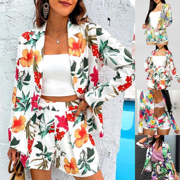 

women's two piece pants 2022 summer two piece sets women fashion slim floral print jacket suit and shorts sets ladies office work 2 pie, White