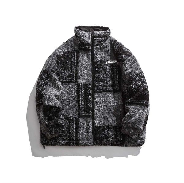 

vintage lamb wool coat paisley printed plush heavy outwear streetwear men thick jackets, Black;brown