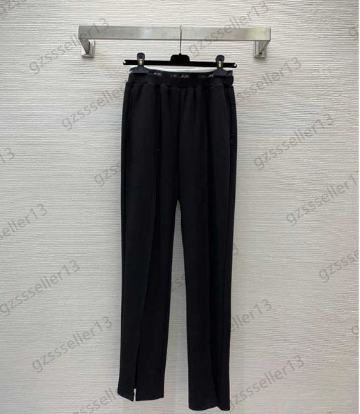 

fashion women pants waist webbing printed straight casual pant pure cotton fabric elastic slit loose slimming trousers commuting style women, Black;white
