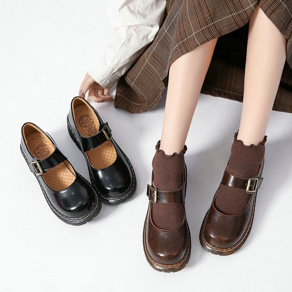 

dress shoes mary jane thick-soled cowhide lather women retro lolita japanese jk uniform original girl college style 221118, Black