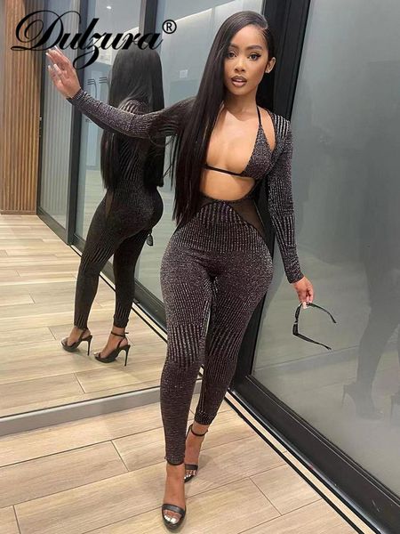 

women s two piece pants dulzura bling glitter sequins y2k outfits 2 set lace up long sleeve halter crop jumpsuit matching suit streetwear 22, White