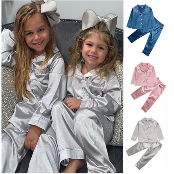

pajamas 2pcs infant baby boy girl silk satin pant long sleeve solid button-down pyjamas set nightgown child sleepwear 221118, Blue;red