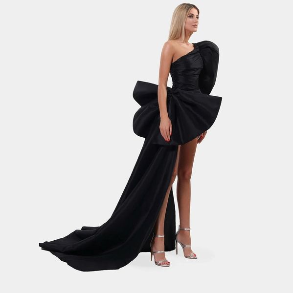 

high end black mini women prom party dress 2023 with ribbon one shoulder puff sleeves short formal cocktail gowns robes de soiree vestidos f