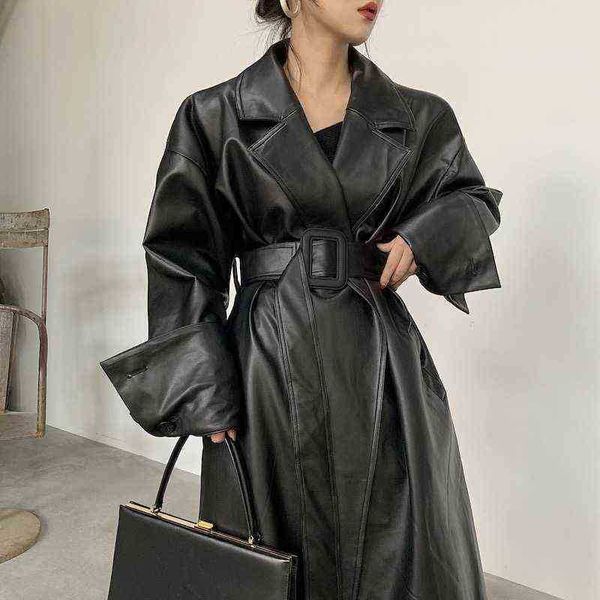 

lautaro long oversized leather trench coat for women long sleeves lapel loose fit fall stylish black women clothing streetwear j220727