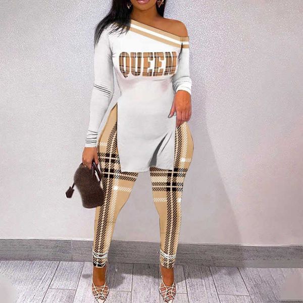 

women's two piece pants women fashion two piece suit sets elegant skinny skew neck leopard print long sleeve split hem and pants set t2, White