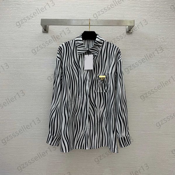 

womens blouses shirts spring zebra print breast pocket metal logo embellishment fashion shirt lapels long sleeves loose blouse casual joker, White