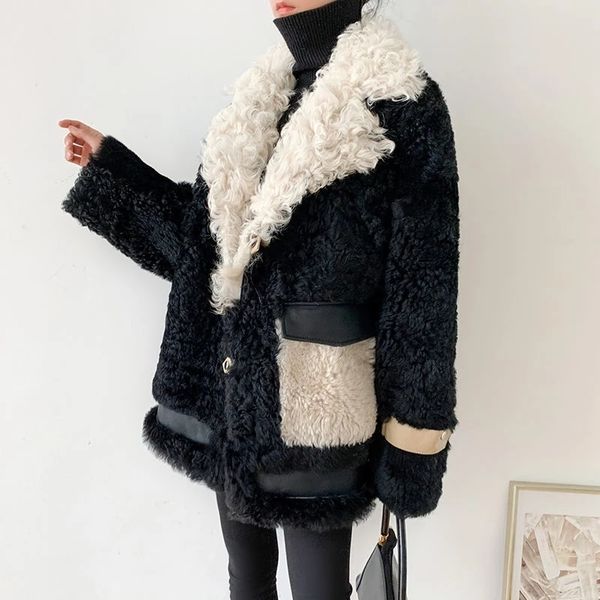 

women's fur faux hstar women autumn winter fashion lamb wool coat female thick warm soft fake jacket overcoat casual outerwear 221119, Black