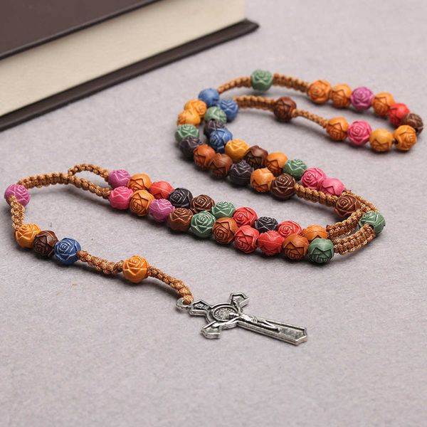 

handmade jewelry wholesale rose sutra colored cross necklace catholic rose rosary beads jesus christian prayer beads religious jewelry, Silver