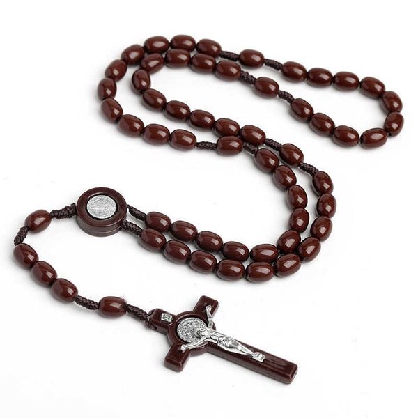 

christian catholic cross beads necklace hand woven pendant jesus religious jewelry, Silver