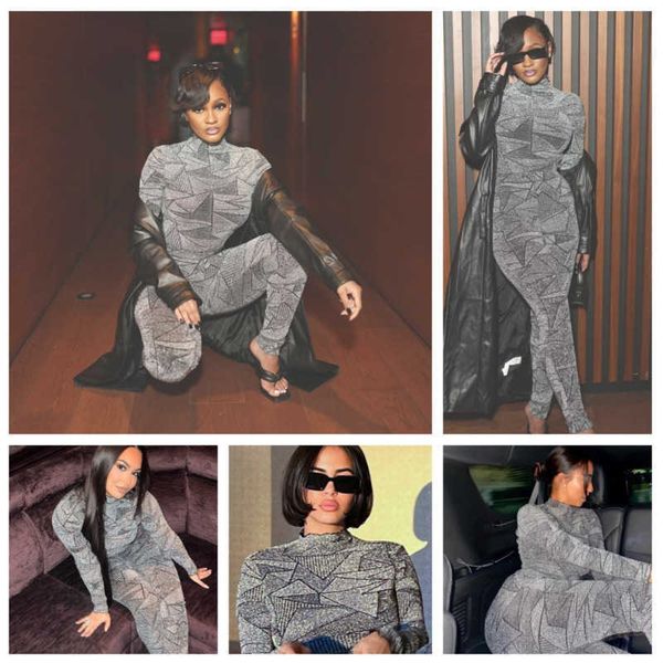 

women tracksuits two piece set designer slim autumn winter 2023 agaric edge round neck geometry long sleeve pants casual suits, Gray