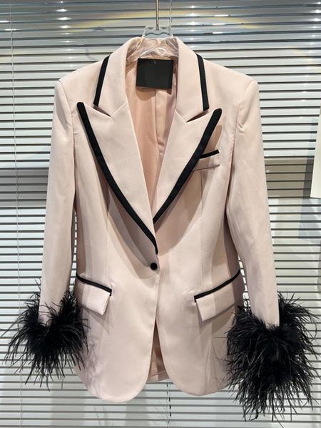 

women's suits blazers high street est designer color block stylish feather embellished long 221119, White;black