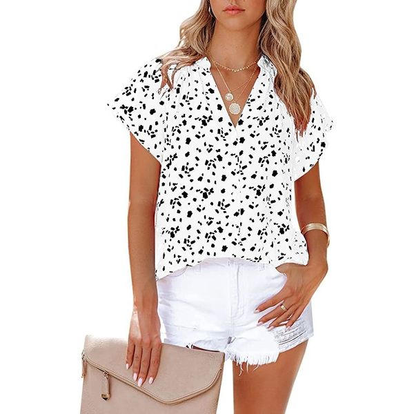 

Shirt Women's 2022 New Top Short Sleeve V-Neck Chiffon Print blouse, Blue
