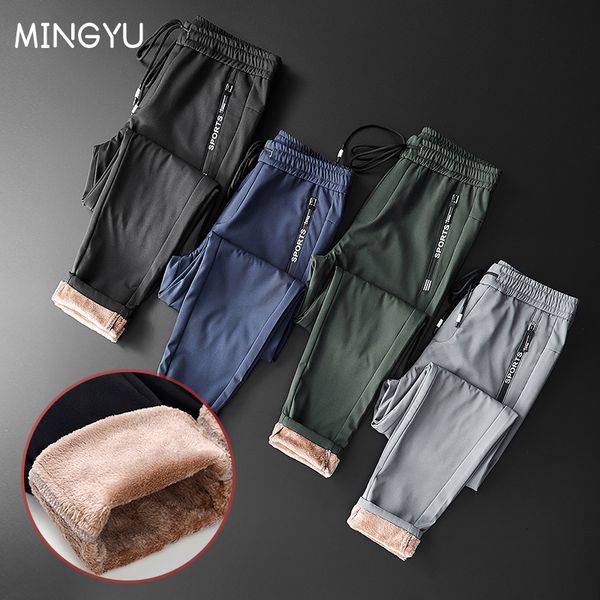 

men's pants winter fleece fluff thicken warm casual business slim elastic thick outdoor jogging trousers male drop 221119, Black