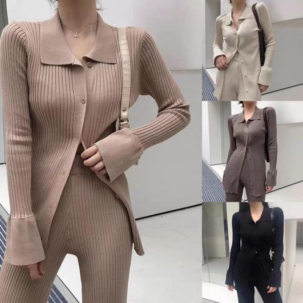 

women's two piece pants knit set women spring outfits long sleeve single breasted and wide leg ladies solid casual suit 221119, White