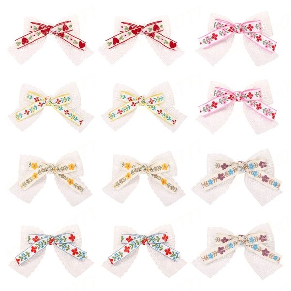 

lovely embroidered flowers bowknot infant hair clips fashion double layer bows baby bangs hairpins clothing decoration, Slivery;white