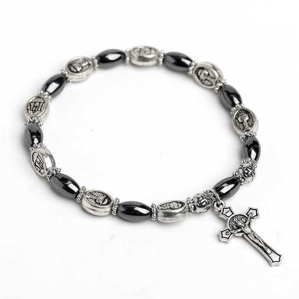 

handmade jewelry wholesale hematite jewelry christian catholic holy father virgin saint benedict beaded bracelet religious bracelet, Black