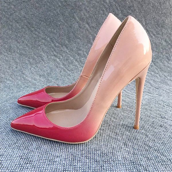 

gradient color nude red shiny leather women shoes fashion red bottoms 12cm high heels pointed toes stiletto heel woman bridal wedding party, Black