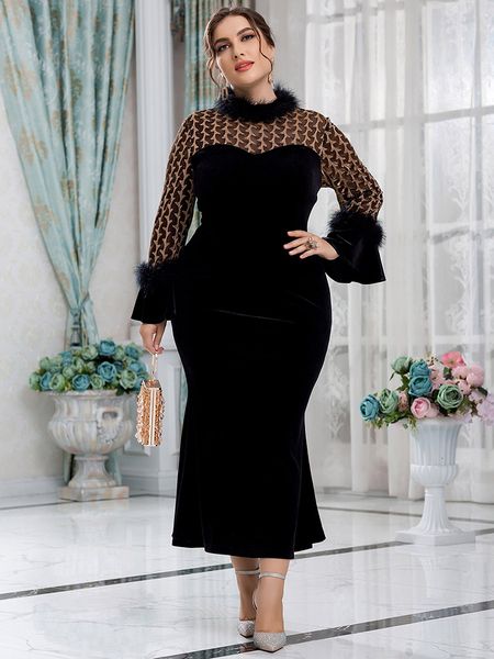 

plus size dresses toleen women's elegant luxury dress for evening party spring size novelty long sleeve clothes with velvet 221119, Black