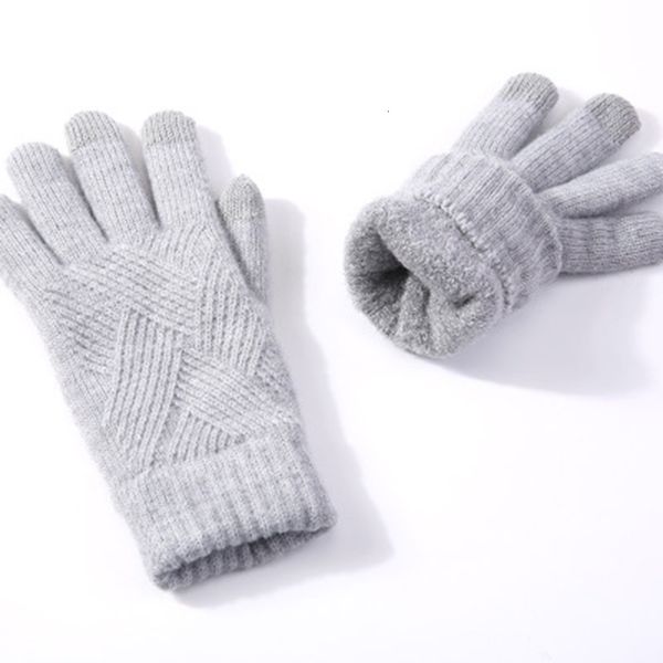 

five fingers gloves men women winter double layer warm knit full finger mitten female woolen touch screen thick velvet cycling driving glove, Blue;gray