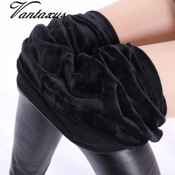 

women's leggings women autumn winter keep warm slim leather leggings high waist skinny faux pants female thick fleece pu legging 221119, Black