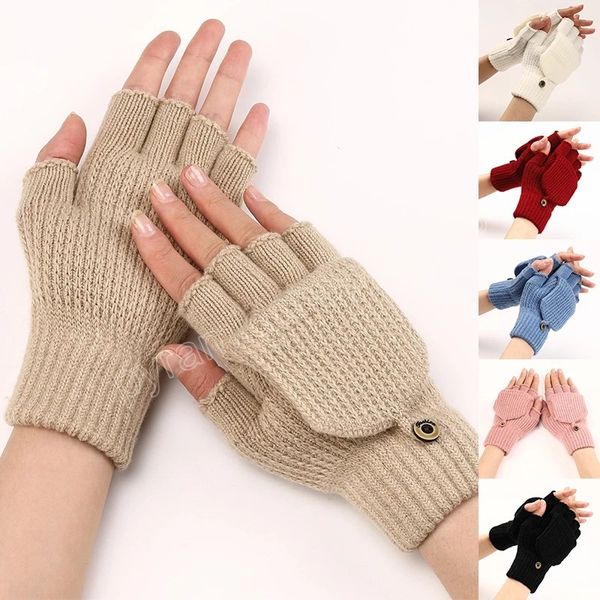 

wool knitted fingerless gloves winter warm men women exposed finger mittens outdoor hand wrist warmer flip gloves for women, White