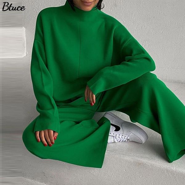

women's two piece pants knitted women sets autumn winter fashion casual female solid 2 pant outfits long sleeve and wide leg 221119, White