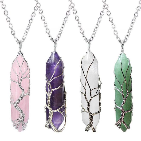

healing crystal stone necklace tree of life wire wrapped natural hexagonal points pendant for women amethyst turquoise malachite opal rose q, Silver