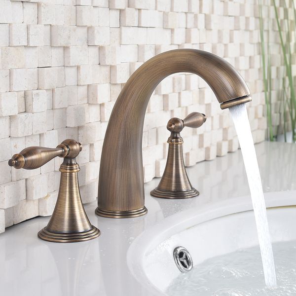 

full copper antique basin faucet dual handle three holes split type curved spout anti-spatter bubbler luxury water faucets bathroom bronze