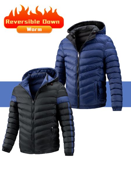 

men down reversible jacket thick cotton padded hooded winter zipper parkas warm coat, Black