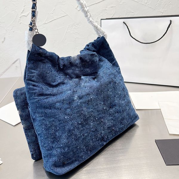 

womens blue denim quilted silver medallion tote bags large capacity luggage silver-metal hardware matelasse chain shoulder designer handbags