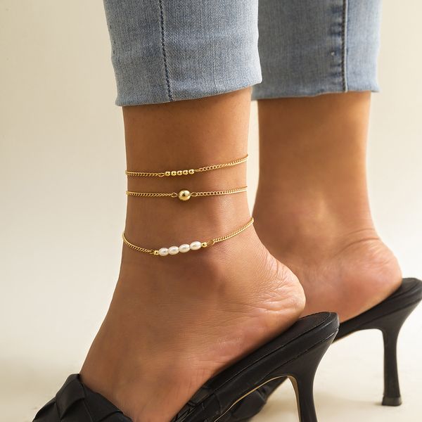 

3pcs/set gold anklets for women fashion jewelry bohemia style female tassel pearl foot chain silver color, Red;blue