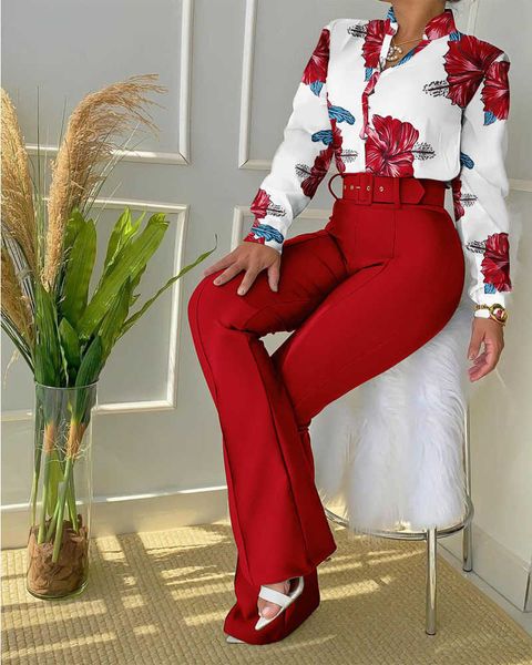 

women's two piece pants women stand collar button pant suits spring autumn printing wide leg pants slim long sleeve ladies outfit casua, White