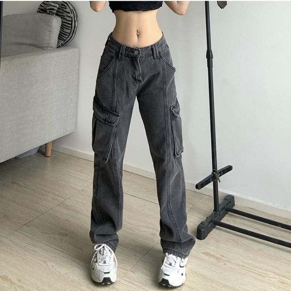 

women's jeans vintage baggy women 90s streetwear pockets wide leg cargo pants low waist straight denim trousers 221119, Blue