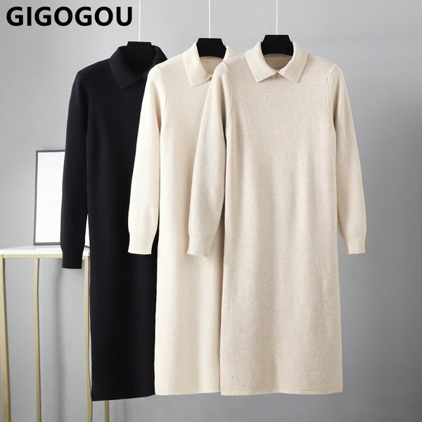 

casual dresses gigogou elegant long women autumn winter sweater dress fashion loose thick knit warm polo lady 221119, Black;gray