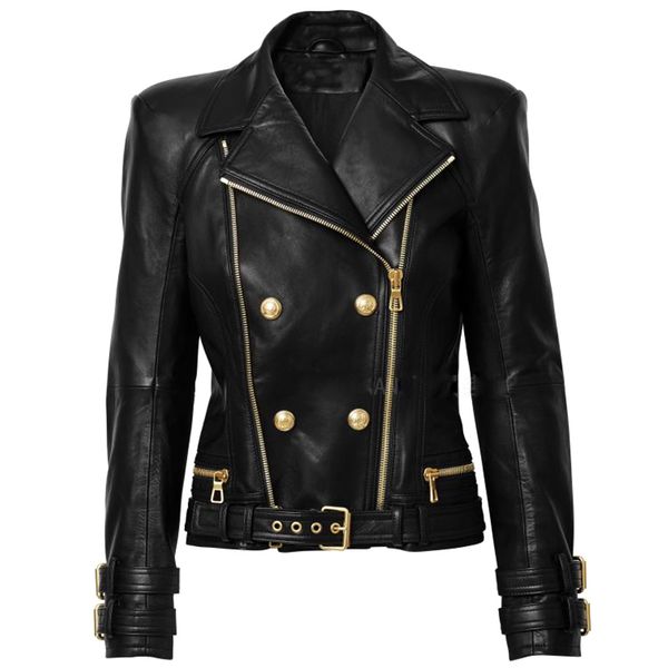 

women's leather faux high street designer jacket lion buttons double zippers motorcycle biker synthetic 221119, Black