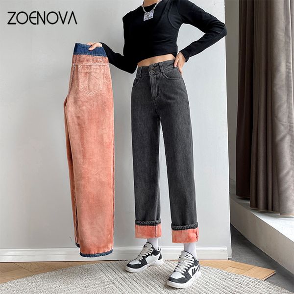 

women's jeans zoenova winter women thick velvet fleece full length fashion high waist wide leg pants jean casual warm denim trousers 22, Blue