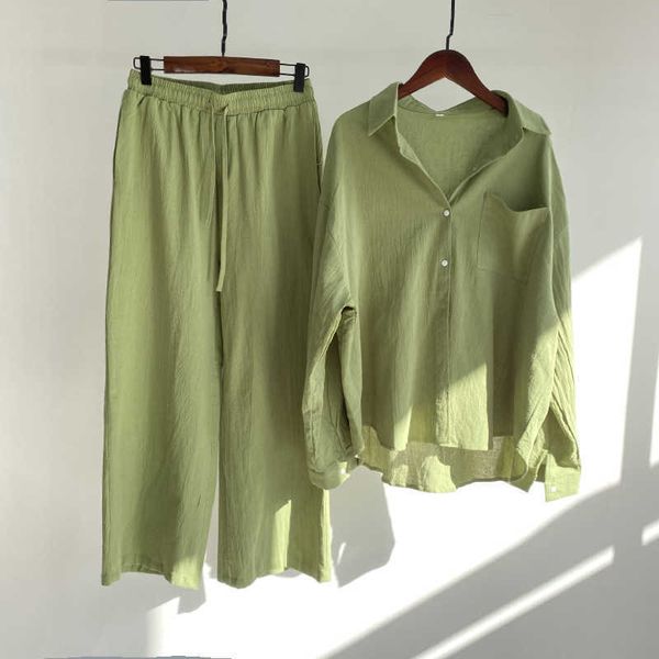 

women's two piece pants summer two piece set women cotton linen shirt set casual outfit long sleeve ankle-length pants linen suit short, White