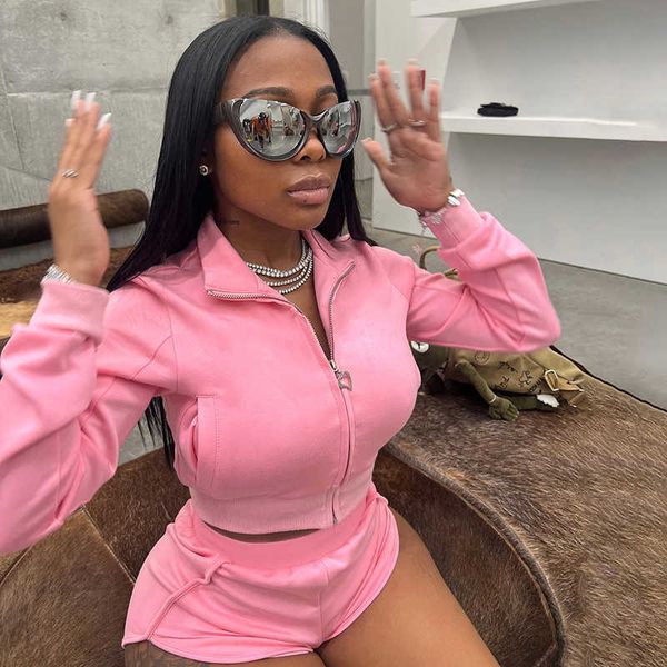 

women's two piece pants autumn solid 2 piece set women outfits sporty zipper long sleeve crop mini shorts tracksuit women club rave out, White