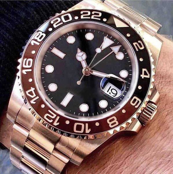 

premium character 40mm men's watch pure rose gold case black comes with luminous dial rotating ceramic bezel automatic mechanical movem, Slivery;brown