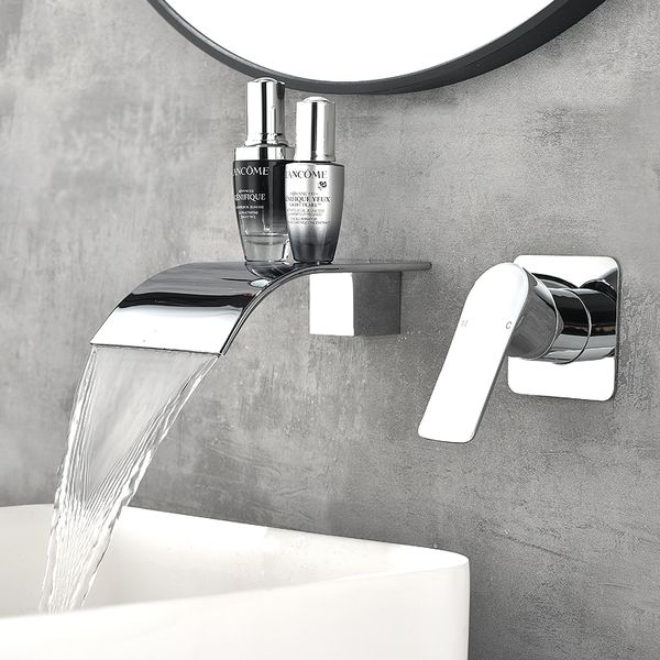 

2 holes wall mounted basin faucet solid brass polish finish single lever high flow waterfall mixer tap set and cold water faucets bathroom