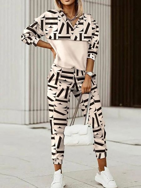 

women's two piece pants hooded long sleeve spring autumn suit women print loose set vintage patchwork pockets office lady 221119, White
