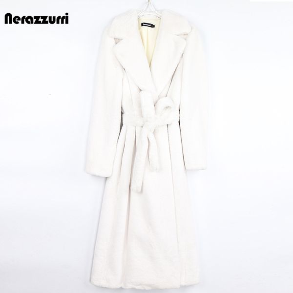

women's fur faux nerazzurri winter long white black warm fluffy coat women sleeve belt lapel stylish korean fashion without buttons 221