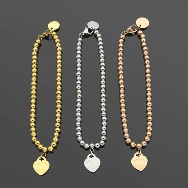 

2022 new bead chain heart charm bracelet luxury brand designer bracelet women's jewelry fashion classic stainless steel t bracelets chr, Golden;silver