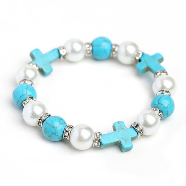 

christ cross bracelet turquoise rhinestone pearl single circle bracelet jewelry, Black